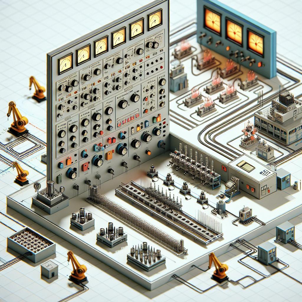 Diagrama de planta industrial con panel de control y sistema de transductores vinculados a brazos robóticos.