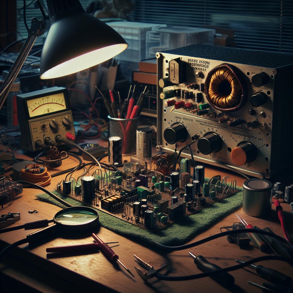 Banco de trabajo desordenado en taller de electrónica; prototipo de fuente de alimentación en construcción.