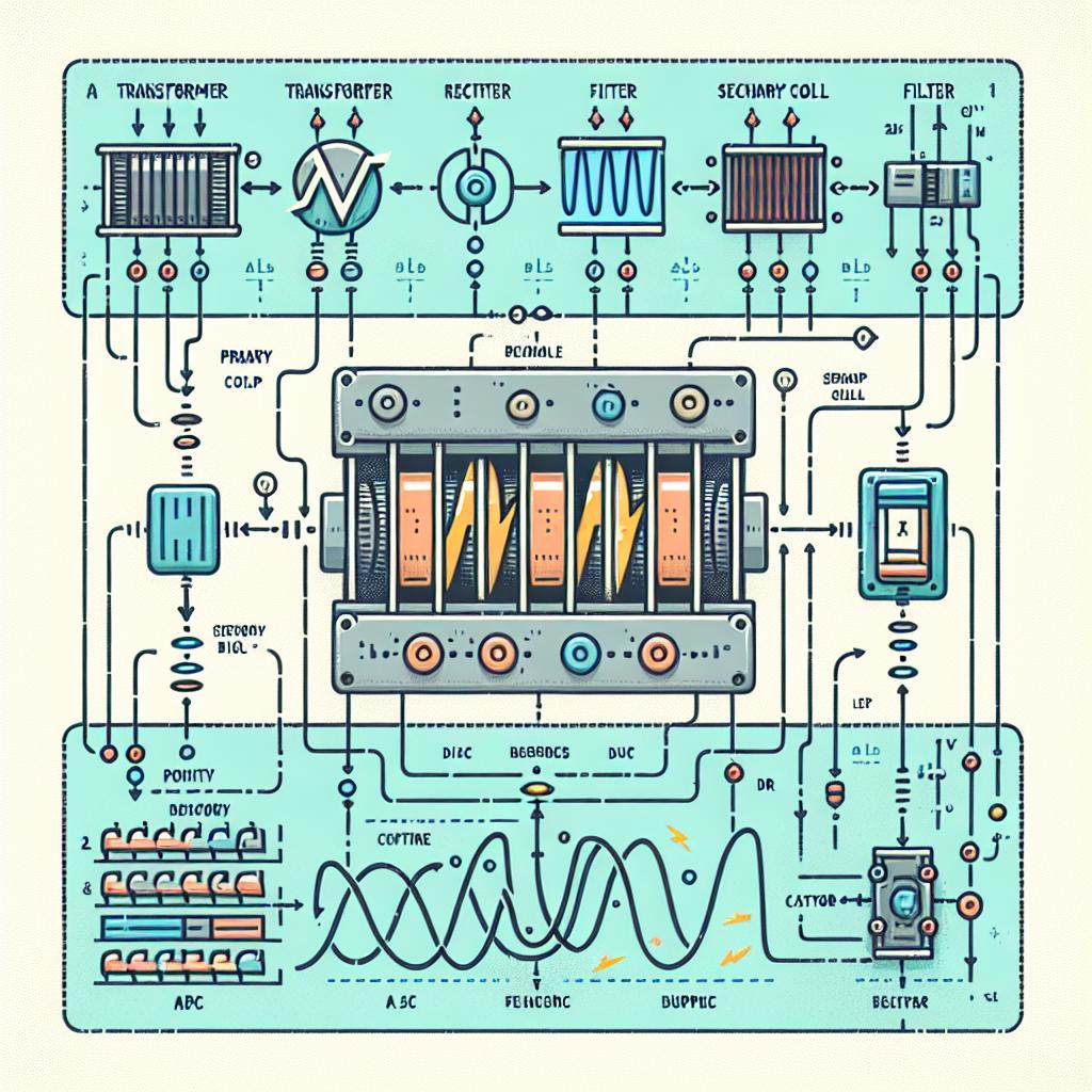 Infografía mostrando: transformador, rectificador, filtro y regulador; secuencia del proceso energético.