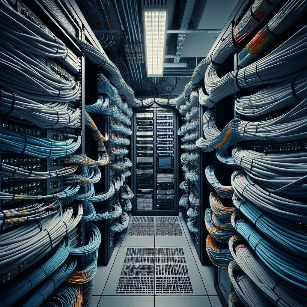 Vista aérea de un rack de servidores abierto con cables organizados en una sala de telecomunicaciones.