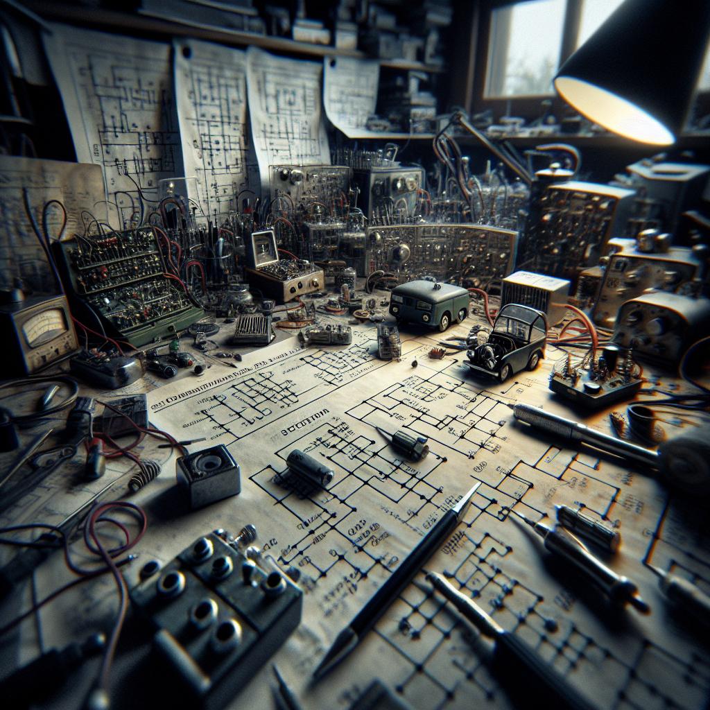 "Escritorio de un ingeniero lleno de diagramas y prototipos eléctricos, colores desaturados."