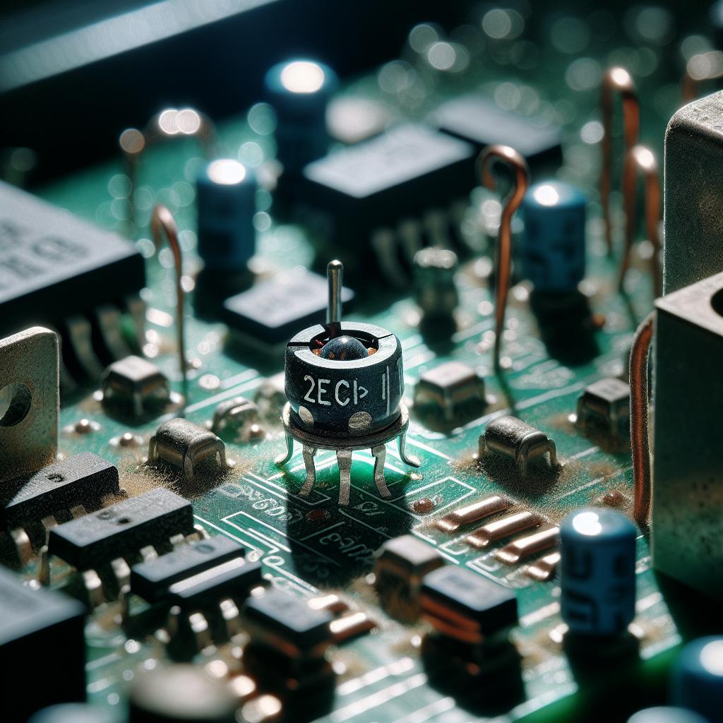 Primer plano de un diodo Zener en una PCB verde, labor de electrónica, iluminación natural.