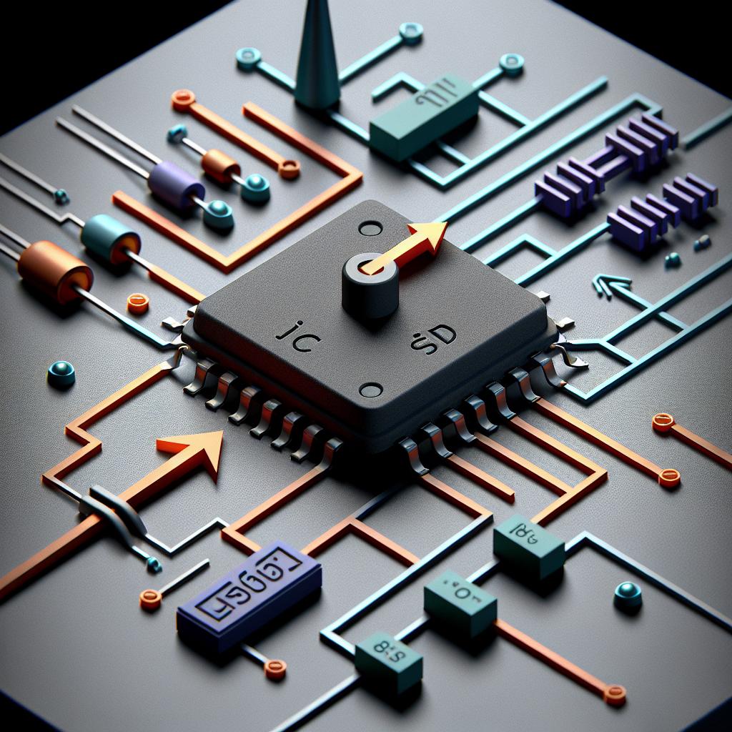 Diagrama de Circuito Integrado con símbolos de componentes y miniaturas explicativas en las esquinas.