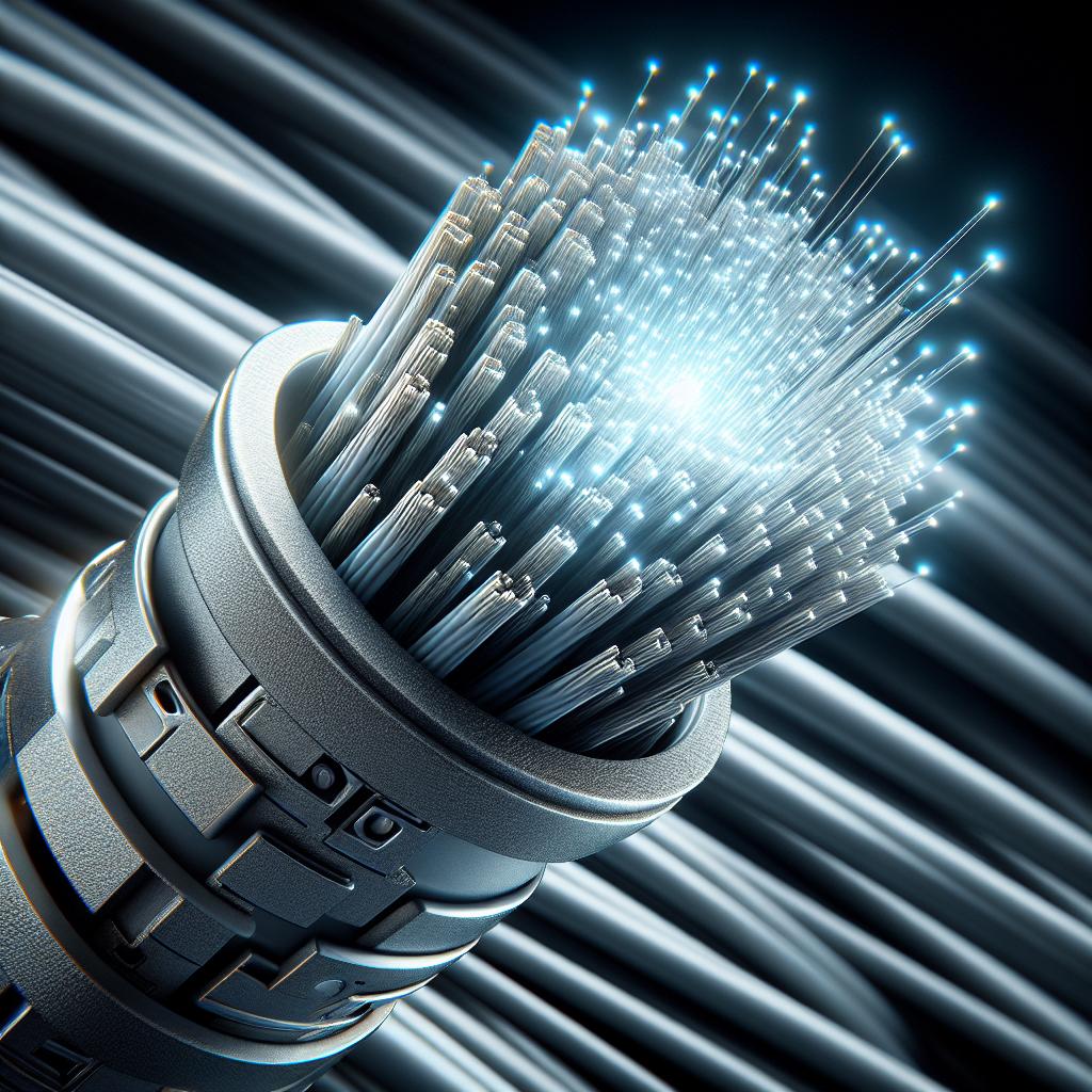 Primer plano de un cable de fibra óptica, resaltando su núcleo brillante con detalles hiperealistas.