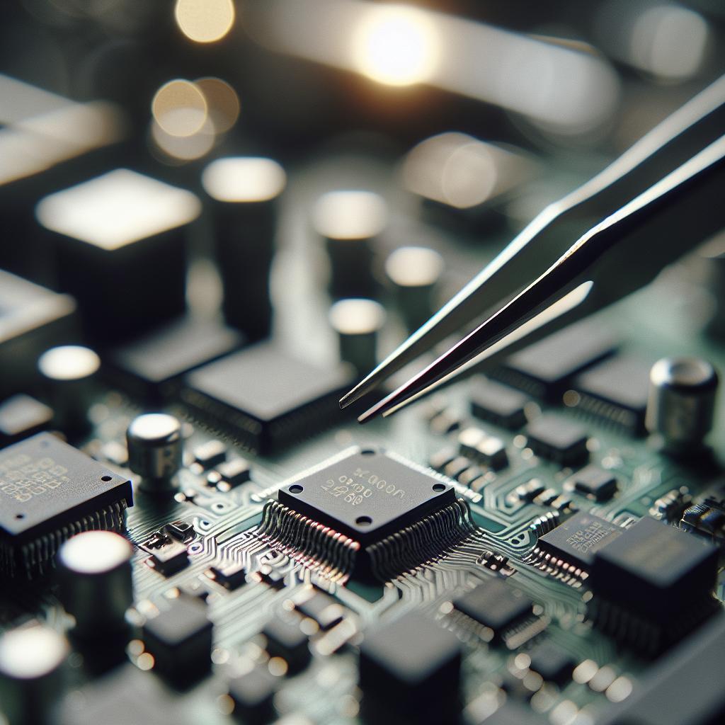 Mesa de trabajo industrial con circuito integrado en primer plano, iluminación suave y ambiente concentrado.
