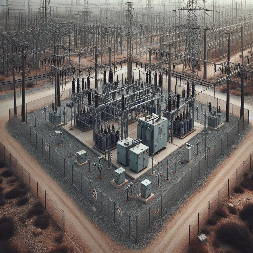 Subestación eléctrica central con transformadores y paneles, rodeada de postes y líneas de energía.
