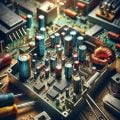 Close-up view of a vibrant capacitor and copper coil within a complex RLC circuit on a workbench.