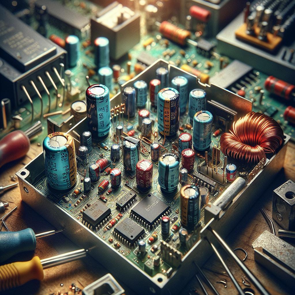 Close-up view of a vibrant capacitor and copper coil within a complex RLC circuit on a workbench.