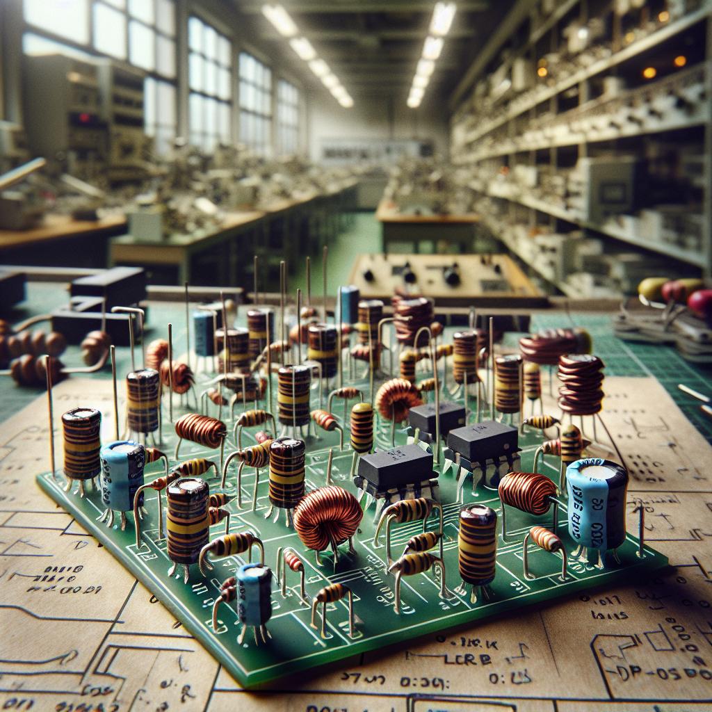 Vista aérea de una PCB con componentes RLC en un laboratorio de electrónica desenfocado.