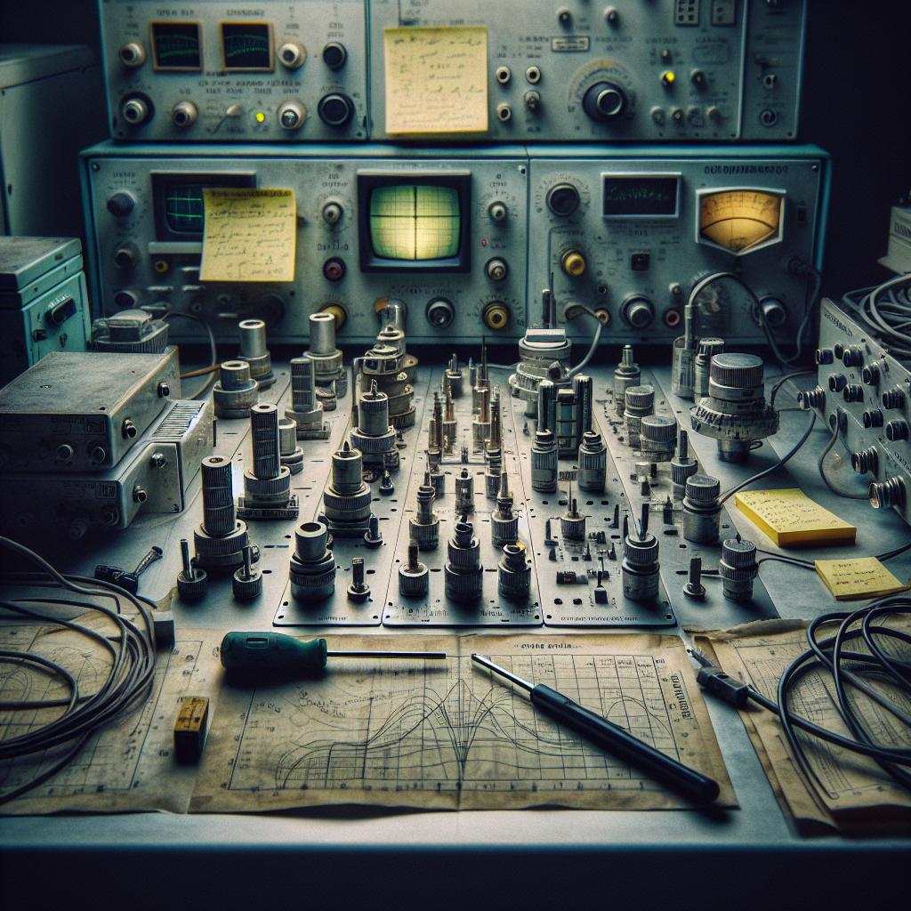 Colección caótica de filtros electrónicos y esquemas sobre mesa de trabajo interior.