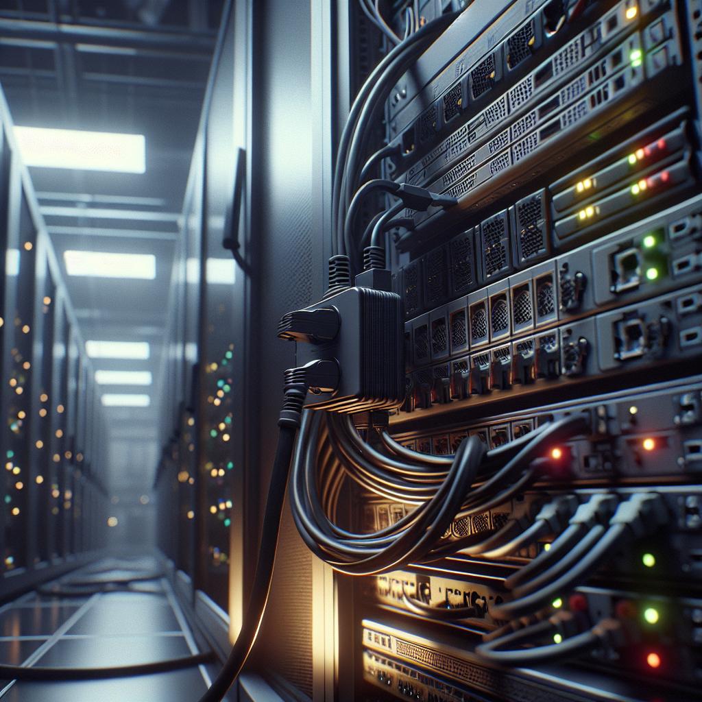 Gabinete de servidores industrial con protector contra sobretensiones en primer plano, iluminación difusa y suave.