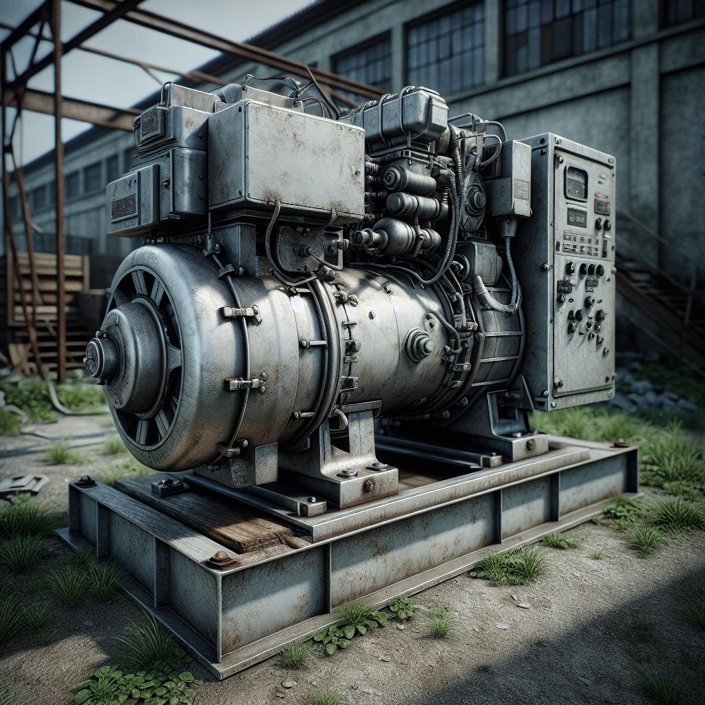 Generador eléctrico usado y robusto al aire libre con iluminación natural y sombras.