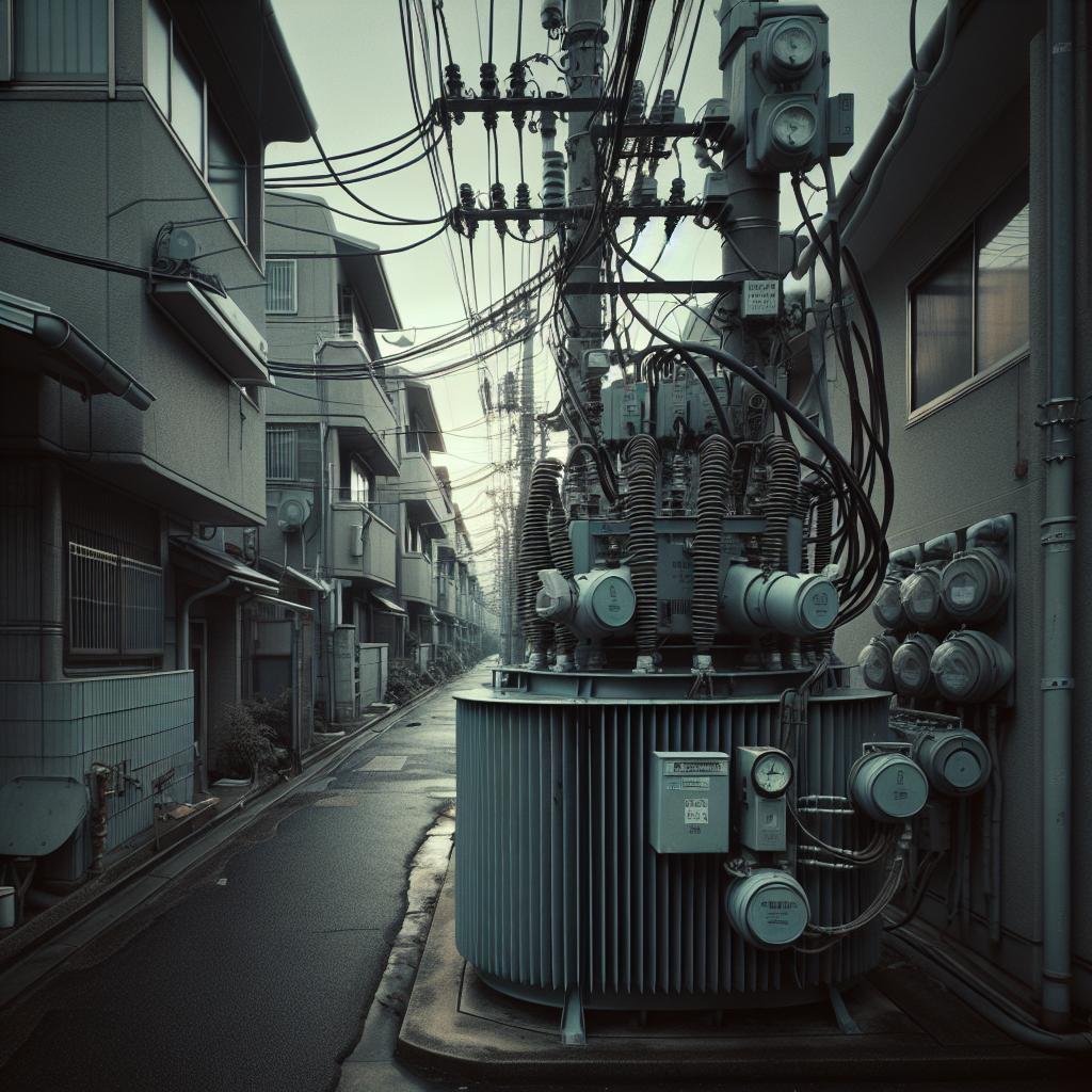Vista lateral de infraestructura eléctrica urbana con transformador y cables, tonos fríos y luz natural.