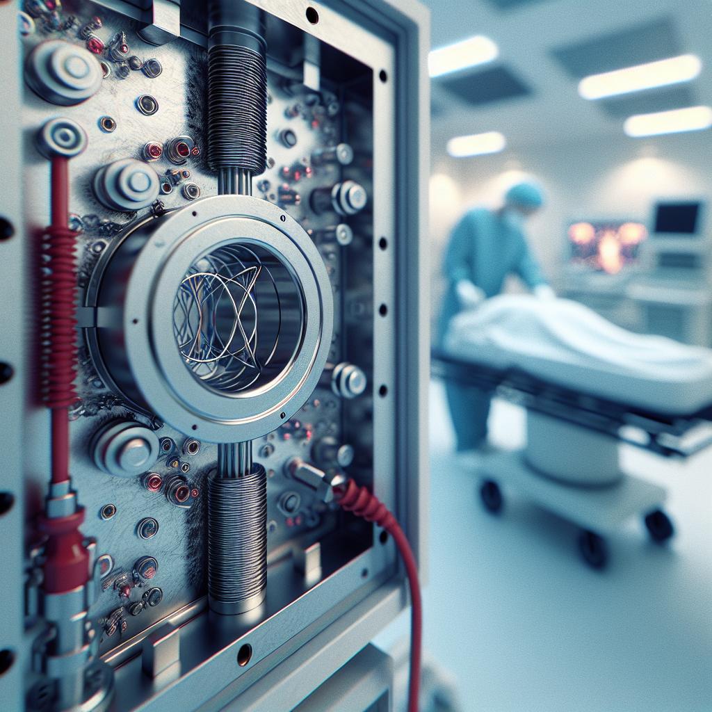 Resonador magnético en hospital, iluminación difusa, cable rojo destaca conexión tecnológica.