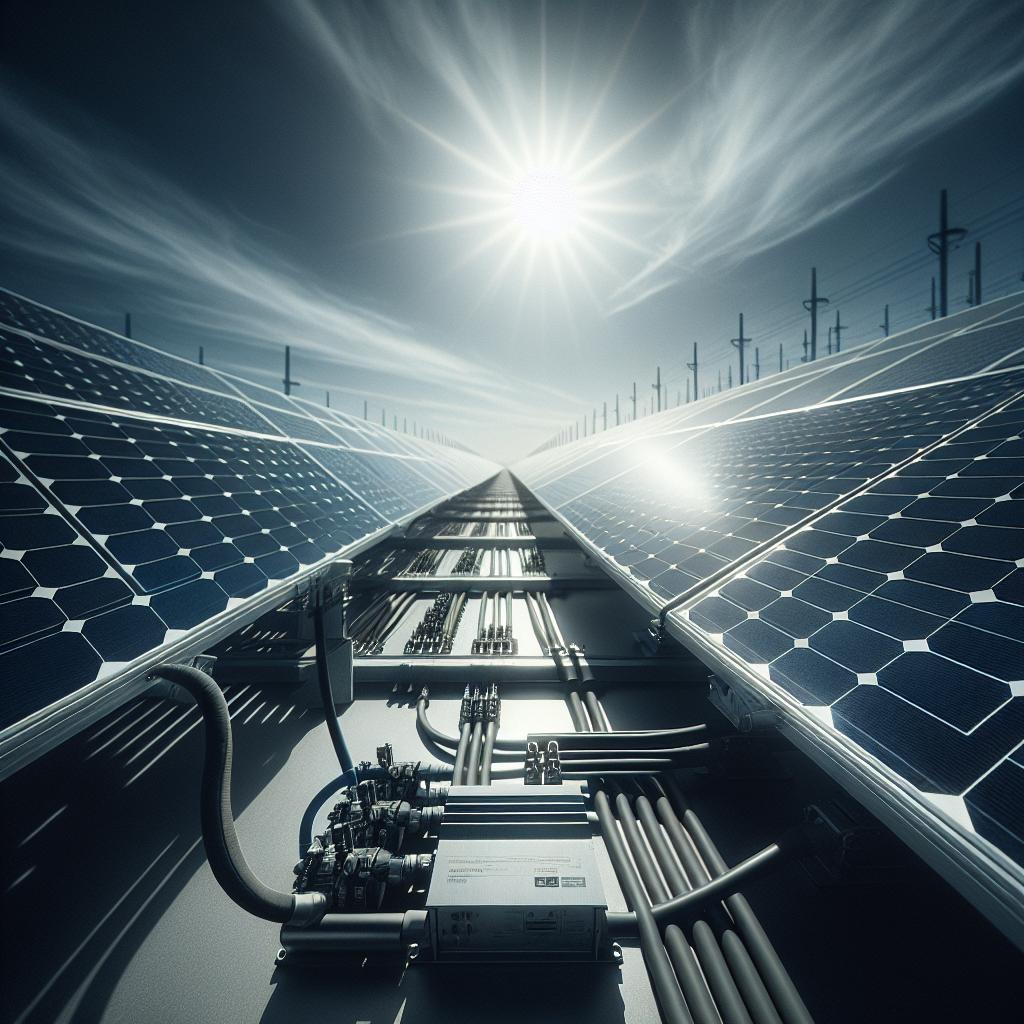 Primer plano de panel solar polvoriento en operación, con fuerte resplandor solar y sombras definidas.