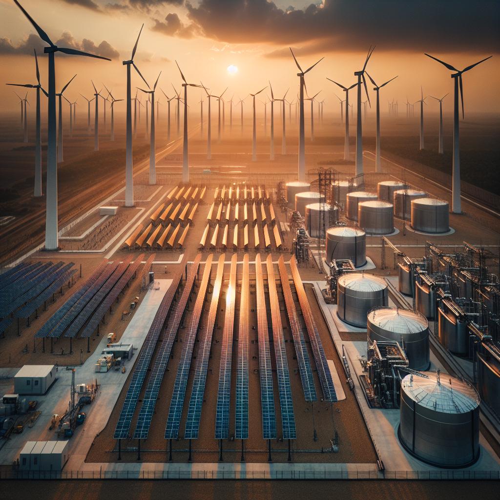 Vista aérea de campo solar y eólico al atardecer, con tanques de hidrógeno a la derecha.