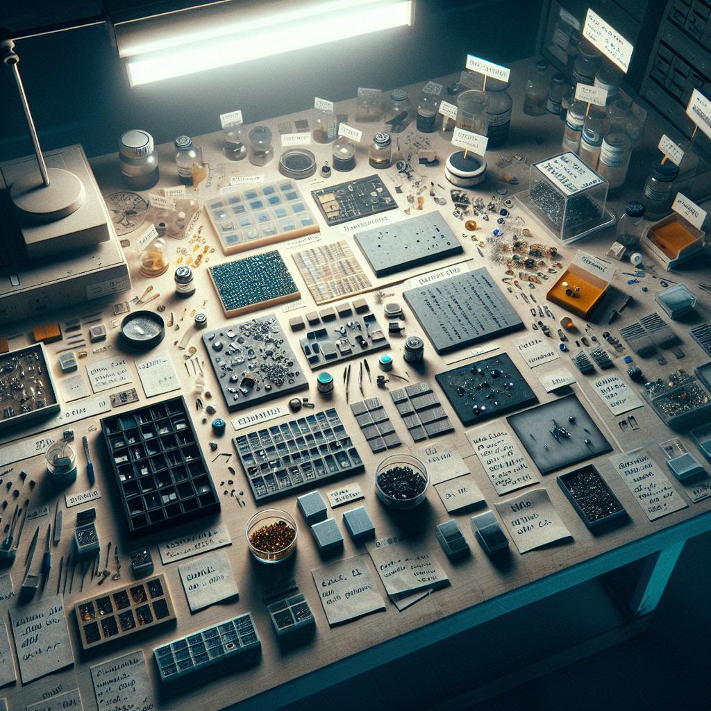 Tres bloques de semiconductores en laboratorio, iluminados con luz blanca, enfoque superficial.