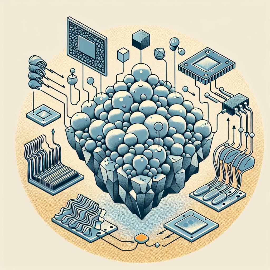 Ilustración de silicio con conductividad y resistencia al calor, rodeado de transistores y chips.