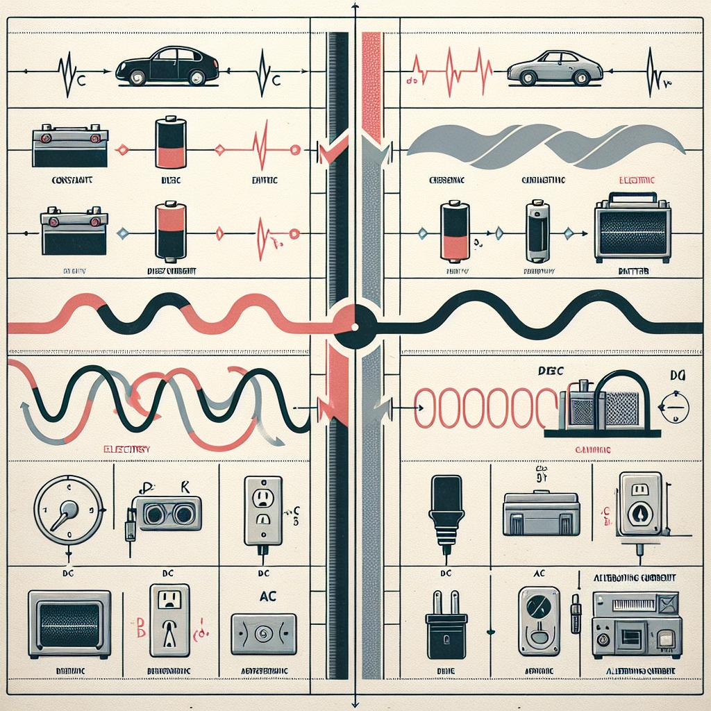 Infografía comparativa entre Corriente Directa y Corriente Alterna con ejemplos de aplicaciones.