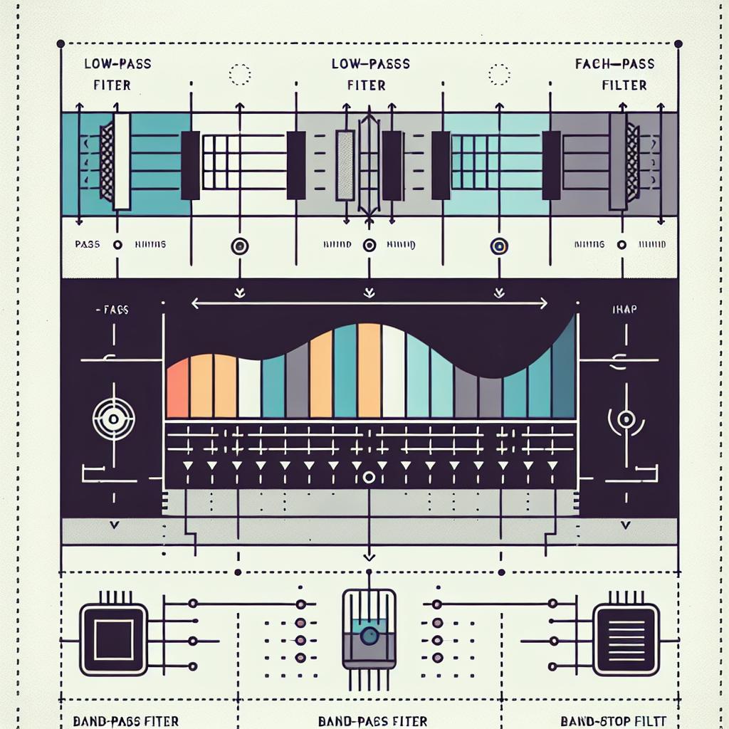 Infografía de filtrado con gráficos de frecuencias, iconos de tipos de filtros y calidad de filtrado.