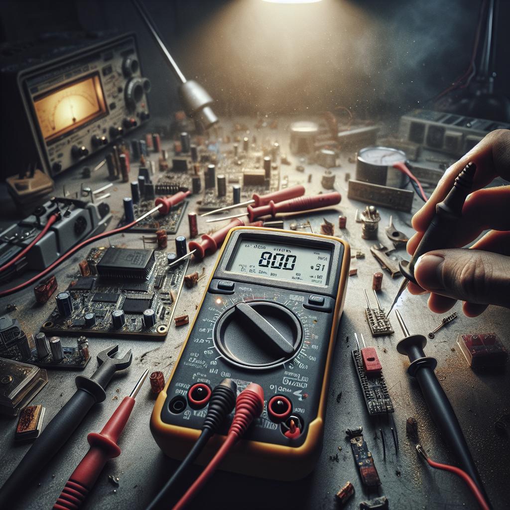 Close-up of a multimeter in use on electronics, with a desaturated, tool-cluttered background.