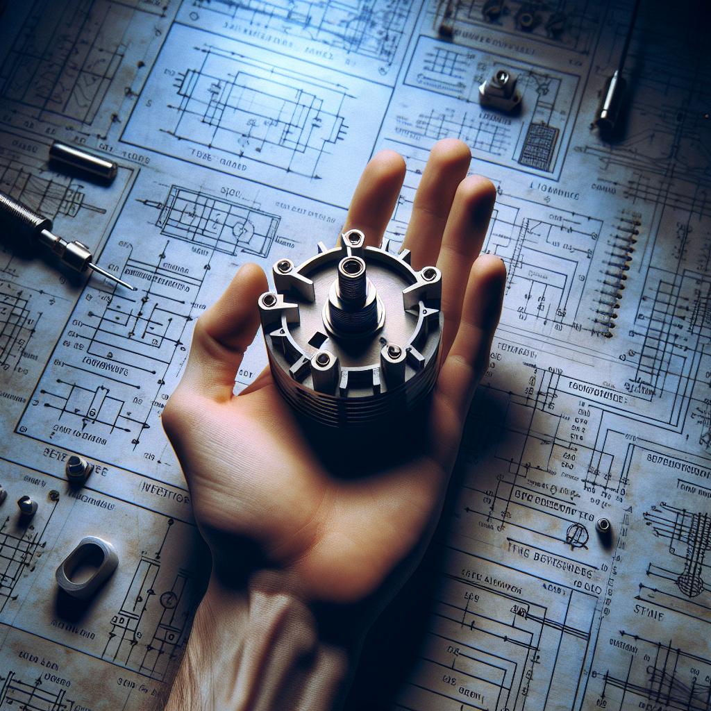 Mano sostiene transductor en laboratorio con diagramas técnicos y tonos fríos.