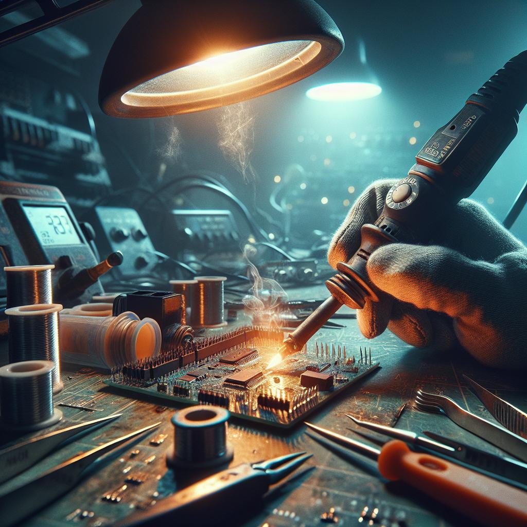 Primer plano de una mano soldando en un escritorio electrónico desordenado, iluminación fluorescente.