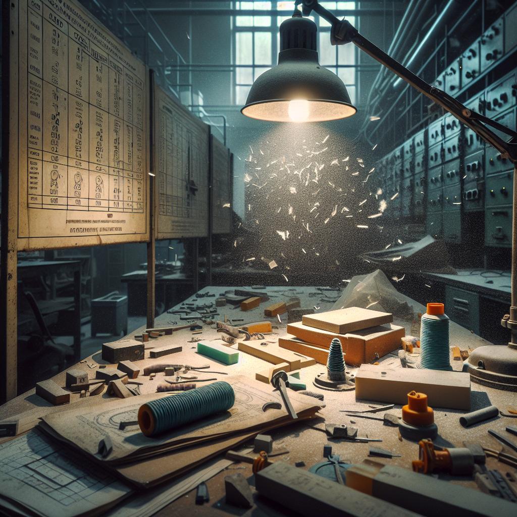 Área de trabajo industrial desordenada con esquemas eléctricos y manuales bajo luz intensa.