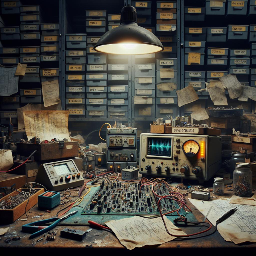 Vista de un laboratorio electrónico desordenado con herramientas, PCB a medio ensamblar y libros técnicos polvorientos.