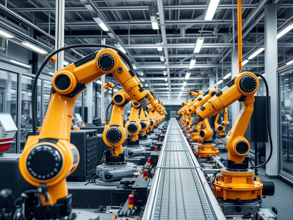 robots industriales en una línea de producción robots industriales en una línea de producción